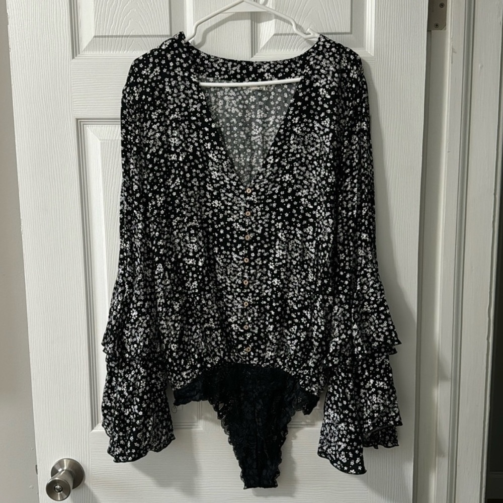 Free People Floral Black and White bodysuit